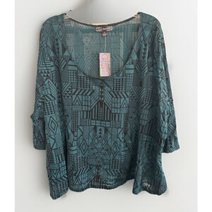 Lucy Diamonds 6X Black & Green Geometric Print Blouse Shirt